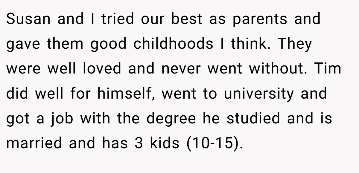 Susan and I tried our best as parents and gave them good childhoods I think. They were well loved and never went without. Tim did well for himself, went to university and got a job with the degree he studied and is married and has 3 kids (10-15).