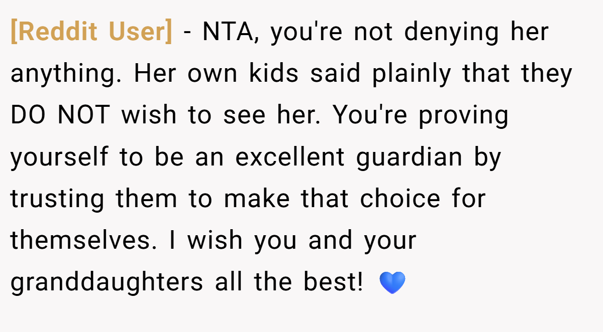 [Reddit User] − NTA, you're not denying her anything. Her own kids said plainly that they DO NOT wish to see her. You're proving yourself to be an excellent guardian by trusting them to make that choice for themselves. I wish you and your granddaughters all the best! 💙