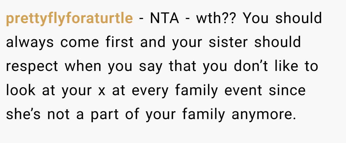 prettyflyforaturtle − NTA - wth?? You should always come first and your sister should respect when you say that you don’t like to look at your x at every family event since she’s not a part of your family anymore.