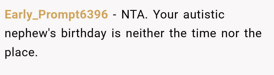 Early_Prompt6396 − NTA. Your autistic nephew's birthday is neither the time nor the place.