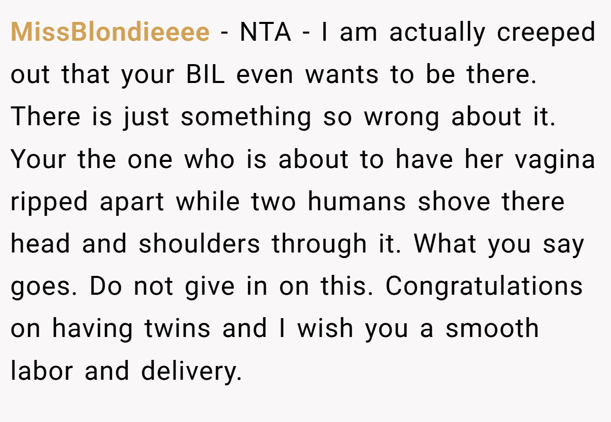 MissBlondieeee − NTA - I am actually creeped out that your BIL even wants to be there. There is just something so wrong about it. Your the one who is about to have her vagina ripped apart while two humans shove there head and shoulders through it. What you say goes. Do not give in on this. Congratulations on having twins and I wish you a smooth labor and delivery.