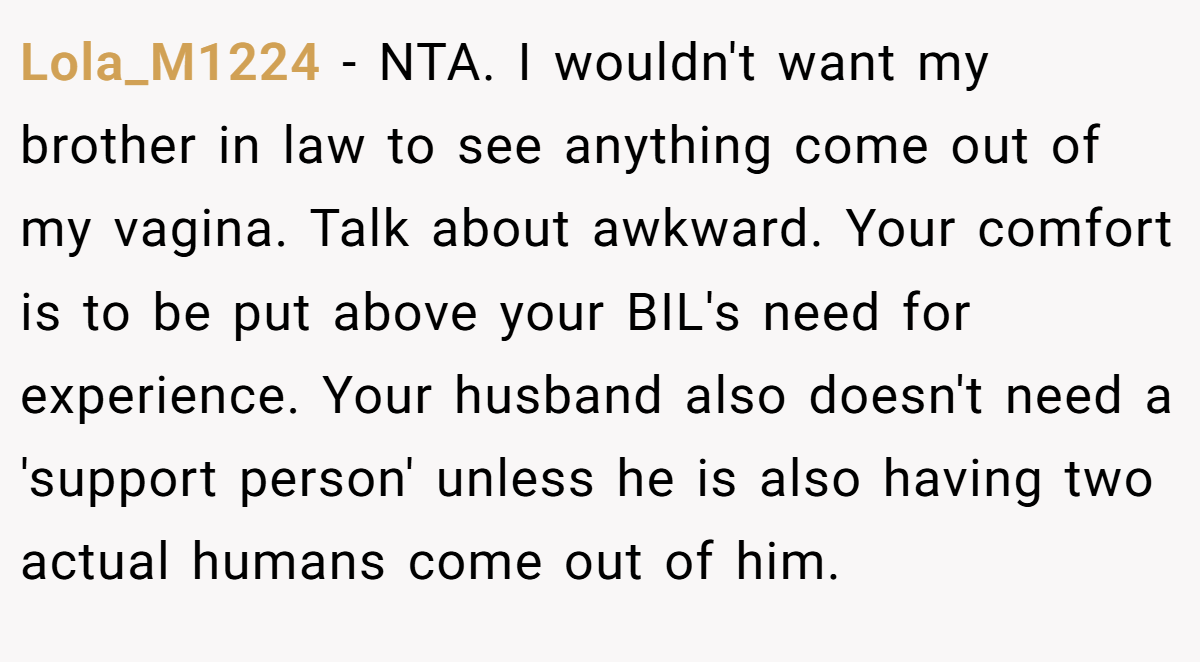 Lola_M1224 − NTA. I wouldn't want my brother in law to see anything come out of my vagina. Talk about awkward. Your comfort is to be put above your BIL's need for experience. Your husband also doesn't need a 'support person' unless he is also having two actual humans come out of him.