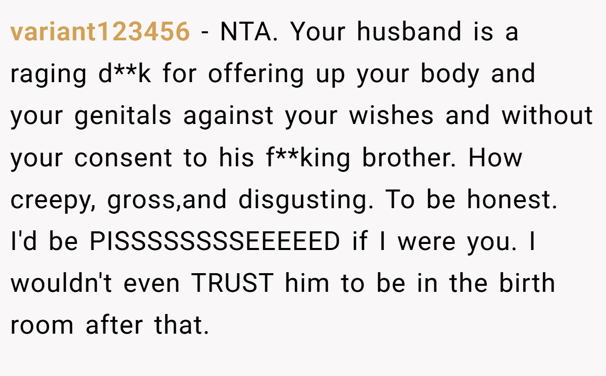 variant123456 − NTA. Your husband is a raging d**k for offering up your body and your genitals against your wishes and without your consent to his f**king brother. How creepy, gross,and disgusting. To be honest. I'd be PISSSSSSSSEEEEED if I were you. I wouldn't even TRUST him to be in the birth room after that.