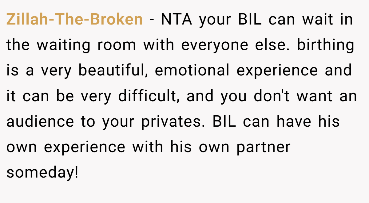 Zillah-The-Broken − NTA your BIL can wait in the waiting room with everyone else. birthing is a very beautiful, emotional experience and it can be very difficult, and you don't want an audience to your privates. BIL can have his own experience with his own partner someday!