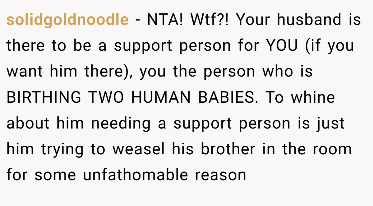 solidgoldnoodle − NTA! Wtf?! Your husband is there to be a support person for YOU (if you want him there), you the person who is BIRTHING TWO HUMAN BABIES. To whine about him needing a support person is just him trying to weasel his brother in the room for some unfathomable reason