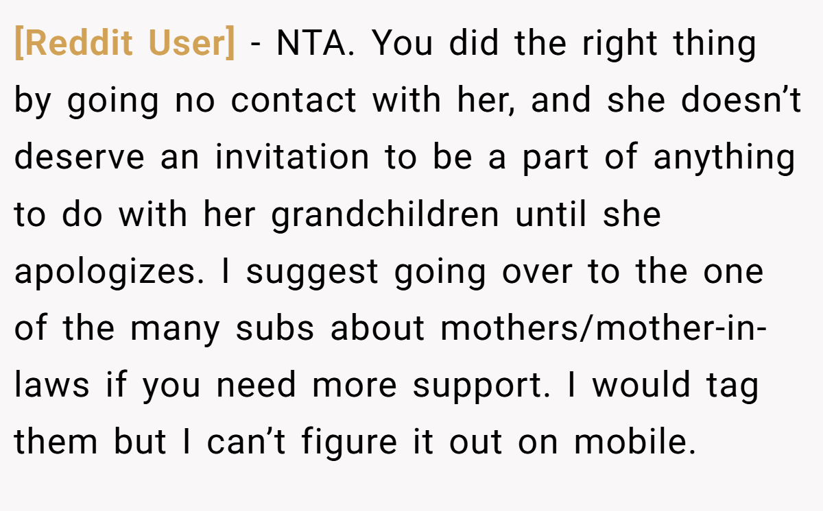 [Reddit User] − NTA. You did the right thing by going no contact with her, and she doesn’t deserve an invitation to be a part of anything to do with her grandchildren until she apologizes. I suggest going over to the one of the many subs about mothers/mother-in-laws if you need more support. I would tag them but I can’t figure it out on mobile.