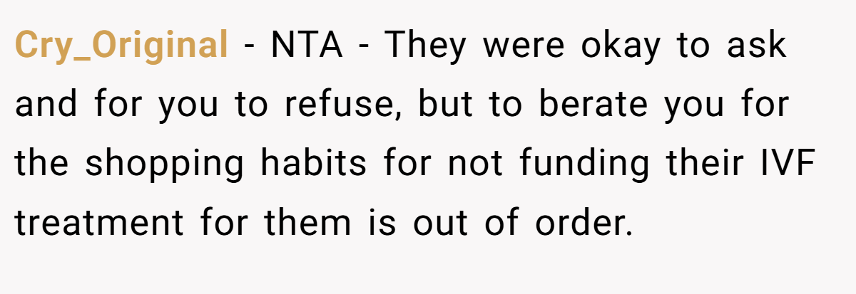 Cry_Original − NTA - They were okay to ask and for you to refuse, but to berate you for the shopping habits for not funding their IVF treatment for them is out of order.