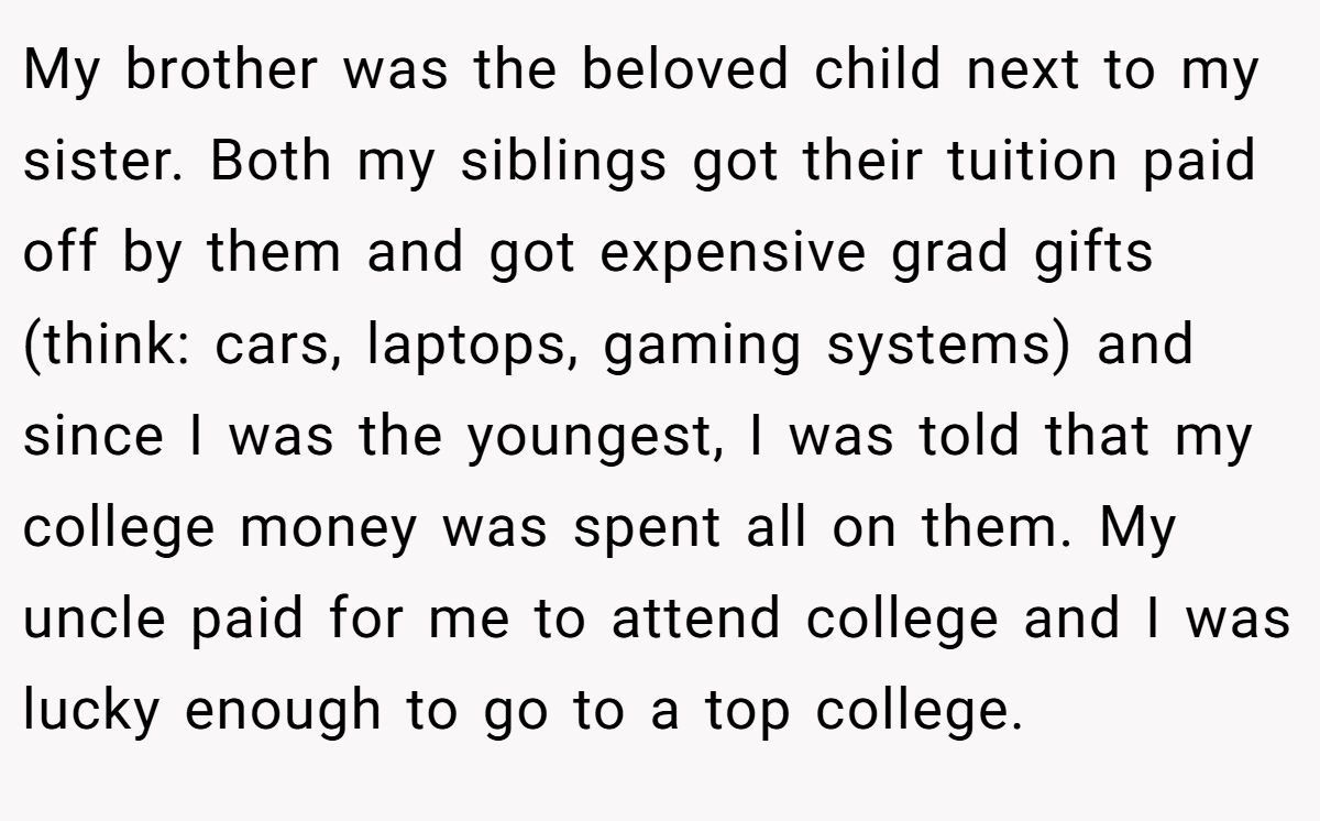 My brother was the beloved child next to my sister. Both my siblings got their tuition paid off by them and got expensive grad gifts (think: cars, laptops, gaming systems) and since I was the youngest, I was told that my college money was spent all on them. My uncle paid for me to attend college and I was lucky enough to go to a top college.