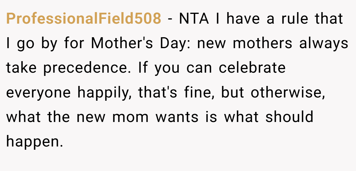ProfessionalField508 − NTA I have a rule that I go by for Mother's Day: new mothers always take precedence. If you can celebrate everyone happily, that's fine, but otherwise, what the new mom wants is what should happen.
