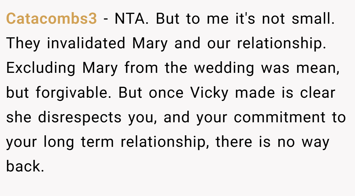 Catacombs3 − NTA. But to me it's not small. They invalidated Mary and our relationship. Excluding Mary from the wedding was mean, but forgivable. But once Vicky made is clear she disrespects you, and your commitment to your long term relationship, there is no way back.