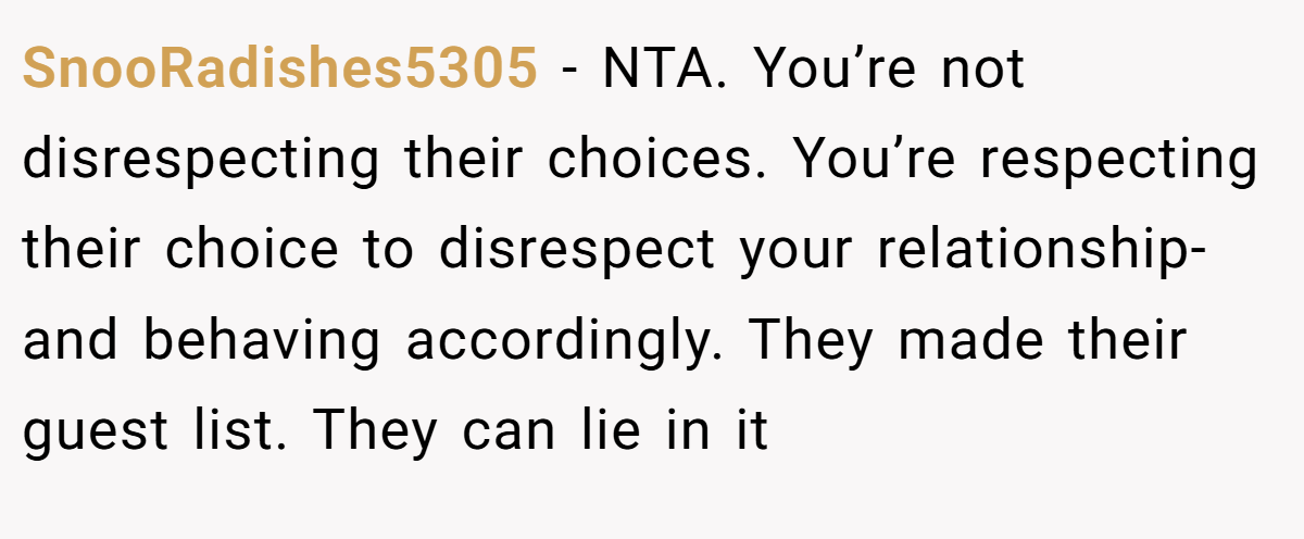 SnooRadishes5305 − NTA. You’re not disrespecting their choices. You’re respecting their choice to disrespect your relationship- and behaving accordingly. They made their guest list. They can lie in it