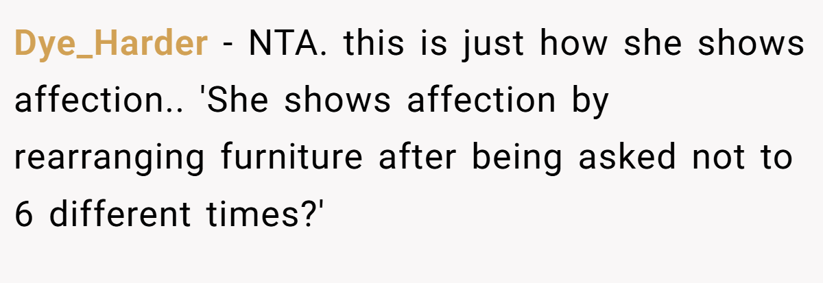 Dye_Harder − NTA. this is just how she shows affection.. 'She shows affection by rearranging furniture after being asked not to 6 different times?'