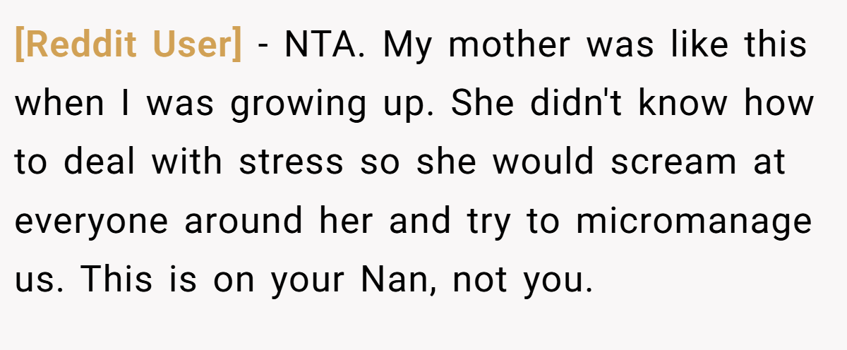 [Reddit User] − NTA. My mother was like this when I was growing up. She didn't know how to deal with stress so she would scream at everyone around her and try to micromanage us. This is on your Nan, not you.