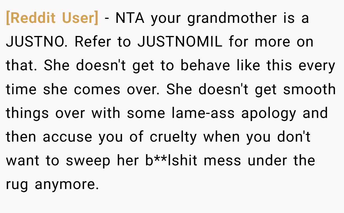 [Reddit User] − NTA your grandmother is a JUSTNO. Refer to JUSTNOMIL for more on that. She doesn't get to behave like this every time she comes over. She doesn't get smooth things over with some lame-ass apology and then accuse you of cruelty when you don't want to sweep her b**lshit mess under the rug anymore.