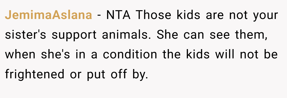 JemimaAslana − NTA Those kids are not your sister's support animals. She can see them, when she's in a condition the kids will not be frightened or put off by.