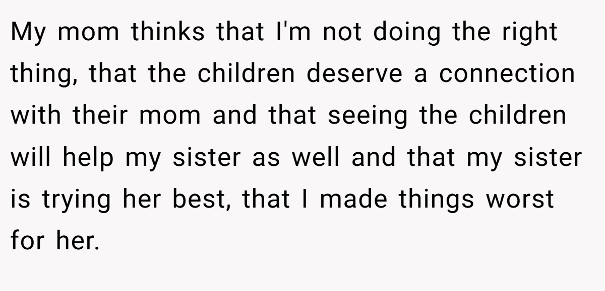My mom thinks that I'm not doing the right thing, that the children deserve a connection with their mom and that seeing the children will help my sister as well and that my sister is trying her best, that I made things worst for her.
