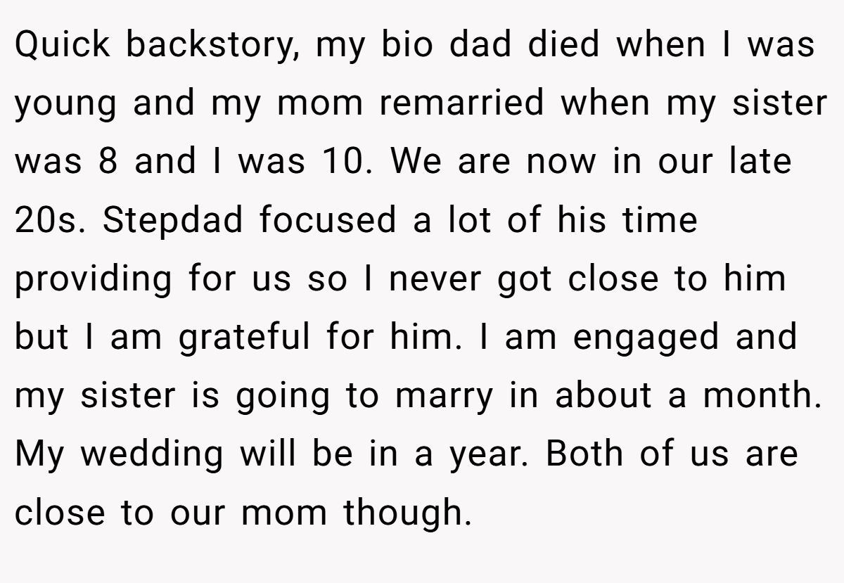 Quick backstory, my bio dad died when I was young and my mom remarried when my sister was 8 and I was 10. We are now in our late 20s. Stepdad focused a lot of his time providing for us so I never got close to him but I am grateful for him. I am engaged and my sister is going to marry in about a month. My wedding will be in a year. Both of us are close to our mom though.