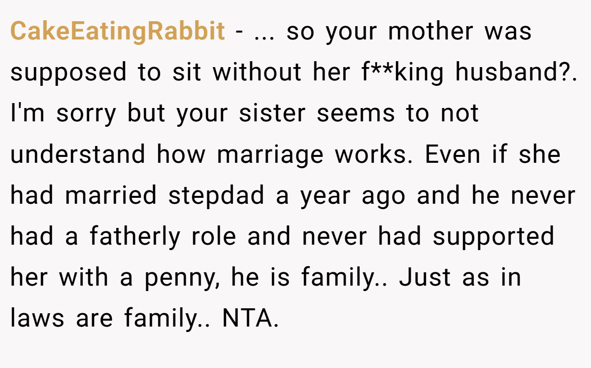 CakeEatingRabbit − ... so your mother was supposed to sit without her f**king husband?. I'm sorry but your sister seems to not understand how marriage works. Even if she had married stepdad a year ago and he never had a fatherly role and never had supported her with a penny, he is family.. Just as in laws are family.. NTA.