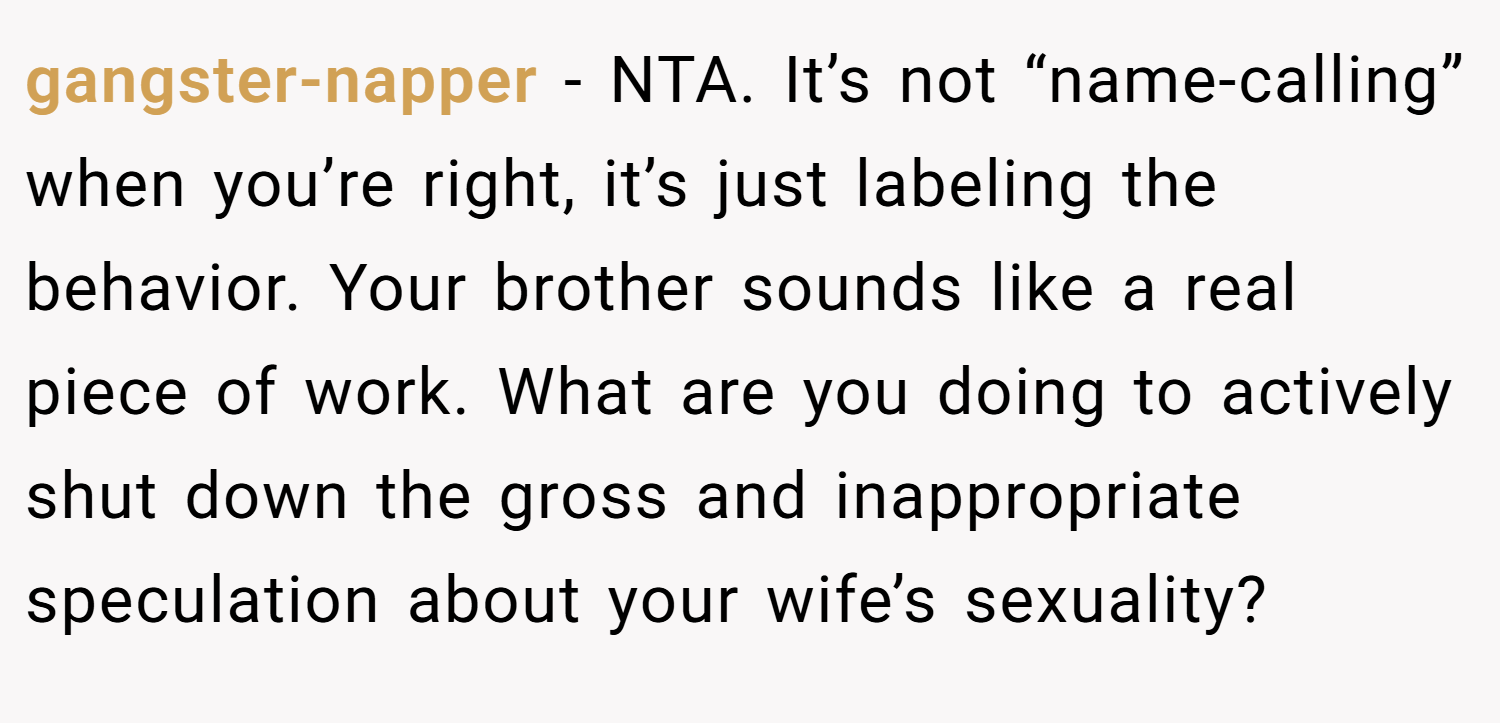 gangster-napper − NTA. It’s not “name-calling” when you’re right, it’s just labeling the behavior. Your brother sounds like a real piece of work. What are you doing to actively shut down the gross and inappropriate speculation about your wife’s sexuality?