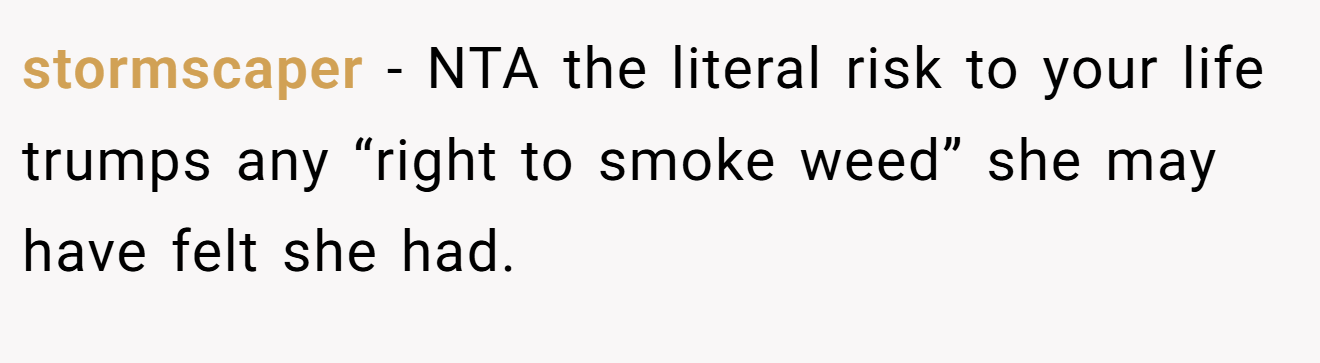 stormscaper - NTA the literal risk to your life trumps any “right to smoke weed” she may have felt she had.