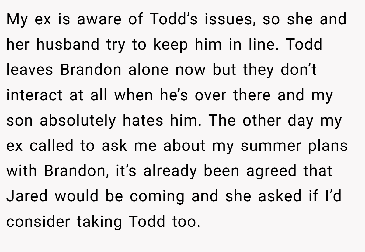 My ex is aware of Todd’s issues, so she and her husband try to keep him in line. Todd leaves Brandon alone now but they don’t interact at all when he’s over there and my son absolutely hates him. The other day my ex called to ask me about my summer plans with Brandon, it’s already been agreed that Jared would be coming and she asked if I’d consider taking Todd too.