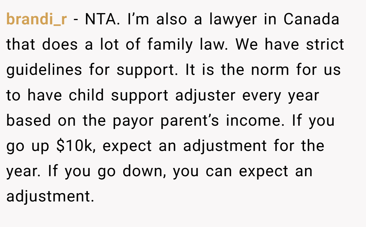 brandi_r − NTA. I’m also a lawyer in Canada that does a lot of family law. We have strict guidelines for support. It is the norm for us to have child support adjuster every year based on the payor parent’s income. If you go up $10k, expect an adjustment for the year. If you go down, you can expect an adjustment.