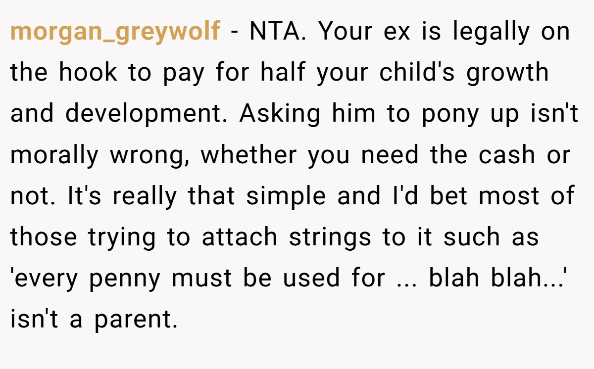 morgan_greywolf − NTA. Your ex is legally on the hook to pay for half your child's growth and development. Asking him to pony up isn't morally wrong, whether you need the cash or not. It's really that simple and I'd bet most of those trying to attach strings to it such as 'every penny must be used for ... blah blah...' isn't a parent.