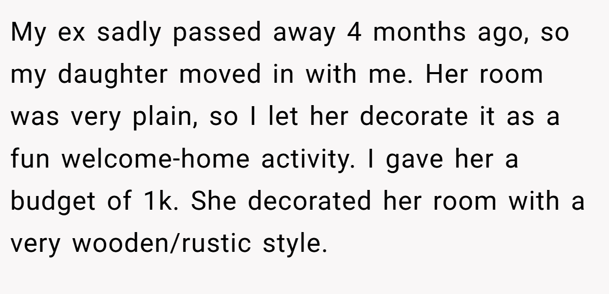 My ex sadly passed away 4 months ago, so my daughter moved in with me. Her room was very plain, so I let her decorate it as a fun welcome-home activity. I gave her a budget of 1k. She decorated her room with a very wooden/rustic style.