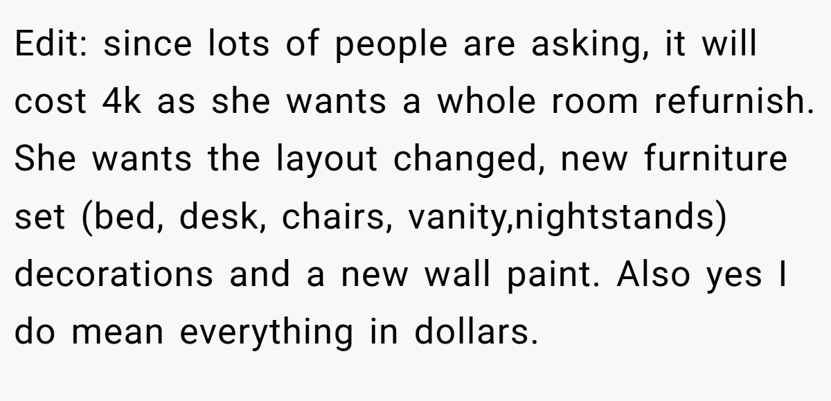 Edit: since lots of people are asking, it will cost 4k as she wants a whole room refurnish. She wants the layout changed, new furniture set (bed, desk, chairs, vanity,nightstands) decorations and a new wall paint. Also yes I do mean everything in dollars.