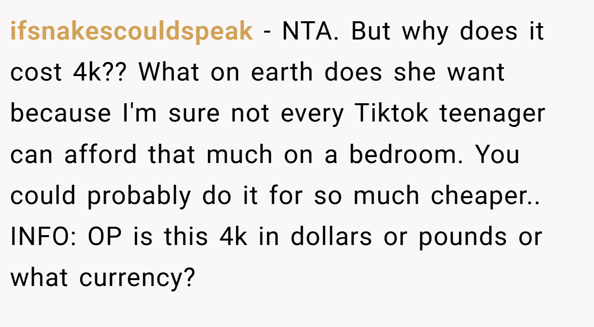 ifsnakescouldspeak − NTA. But why does it cost 4k?? What on earth does she want because I'm sure not every Tiktok teenager can afford that much on a bedroom. You could probably do it for so much cheaper.. INFO: OP is this 4k in dollars or pounds or what currency?