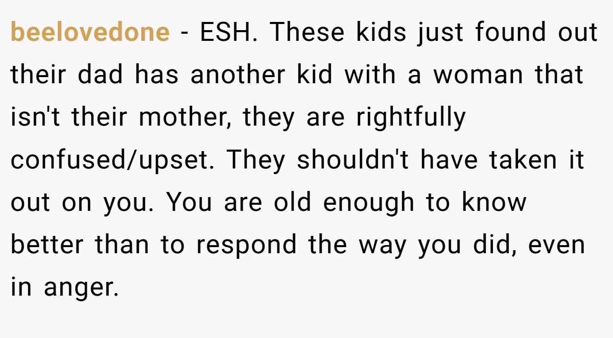 beelovedone − ESH. These kids just found out their dad has another kid with a woman that isn't their mother, they are rightfully confused/upset. They shouldn't have taken it out on you. You are old enough to know better than to respond the way you did, even in anger.