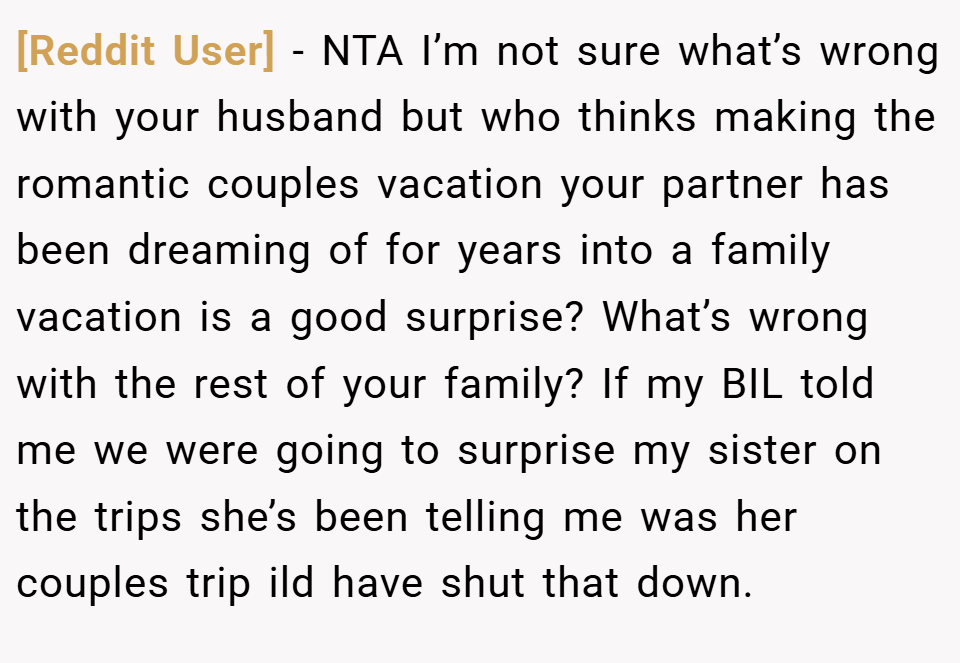 [Reddit User] − NTA I’m not sure what’s wrong with your husband but who thinks making the romantic couples vacation your partner has been dreaming of for years into a family vacation is a good surprise? What’s wrong with the rest of your family? If my BIL told me we were going to surprise my sister on the trips she’s been telling me was her couples trip ild have shut that down.