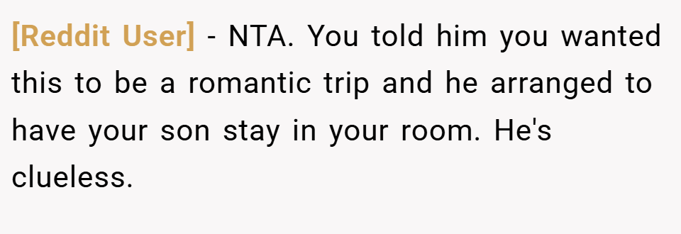 [Reddit User] − NTA. You told him you wanted this to be a romantic trip and he arranged to have your son stay in your room. He's clueless.