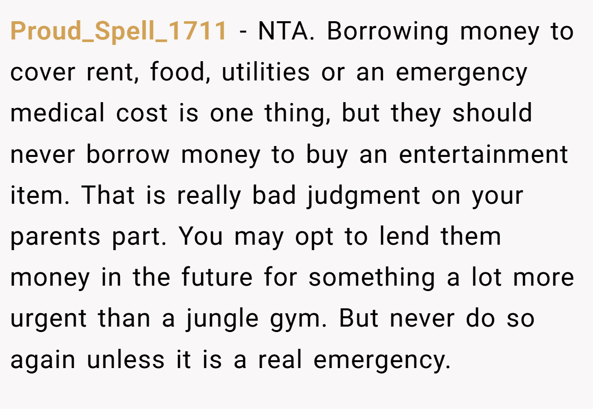 Proud_Spell_1711 − NTA. Borrowing money to cover rent, food, utilities or an emergency medical cost is one thing, but they should never borrow money to buy an entertainment item. That is really bad judgment on your parents part. You may opt to lend them money in the future for something a lot more urgent than a jungle gym. But never do so again unless it is a real emergency.
