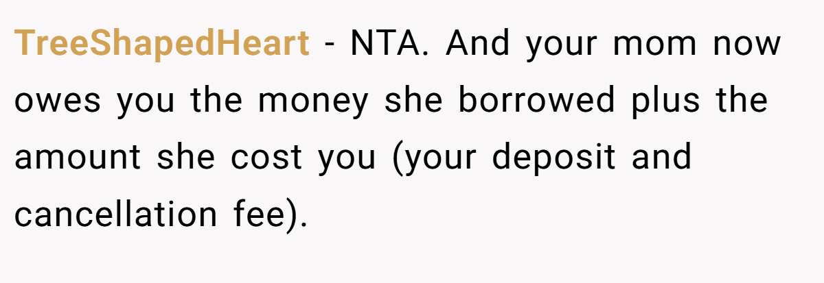 TreeShapedHeart − NTA. And your mom now owes you the money she borrowed plus the amount she cost you (your deposit and cancellation fee).