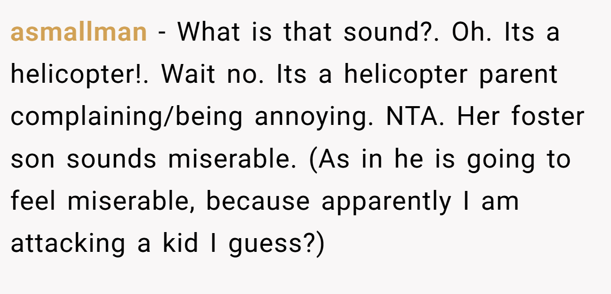 asmallman − What is that sound?. Oh. Its a helicopter!. Wait no. Its a helicopter parent complaining/being annoying. NTA. Her foster son sounds miserable. (As in he is going to feel miserable, because apparently I am attacking a kid I guess?)