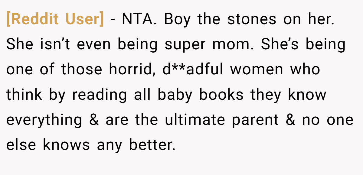 [Reddit User] − NTA. Boy the stones on her. She isn’t even being super mom. She’s being one of those horrid, d**adful women who think by reading all baby books they know everything & are the ultimate parent & no one else knows any better.