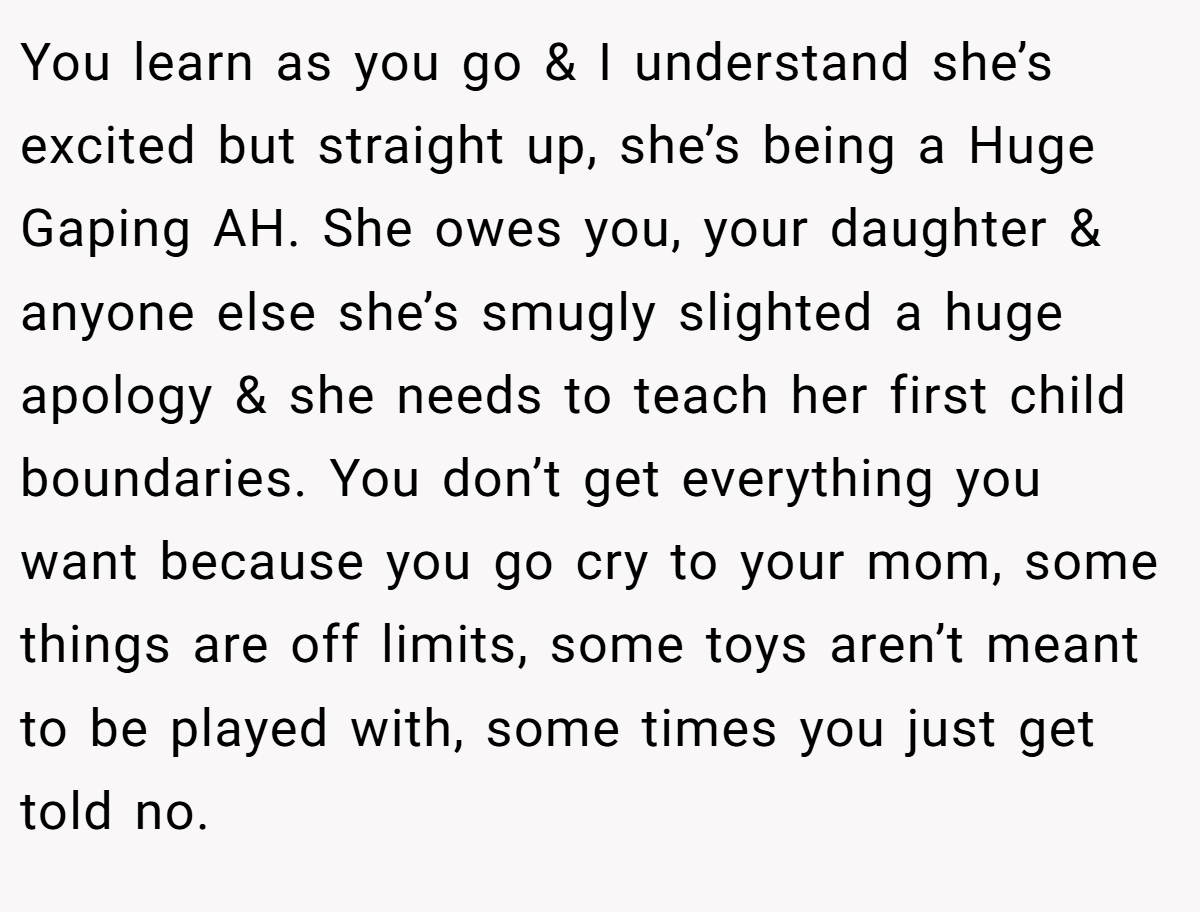 You learn as you go & I understand she’s excited but straight up, she’s being a Huge Gaping AH. She owes you, your daughter & anyone else she’s smugly slighted a huge apology & she needs to teach her first child boundaries. You don’t get everything you want because you go cry to your mom, some things are off limits, some toys aren’t meant to be played with, some times you just get told no.
