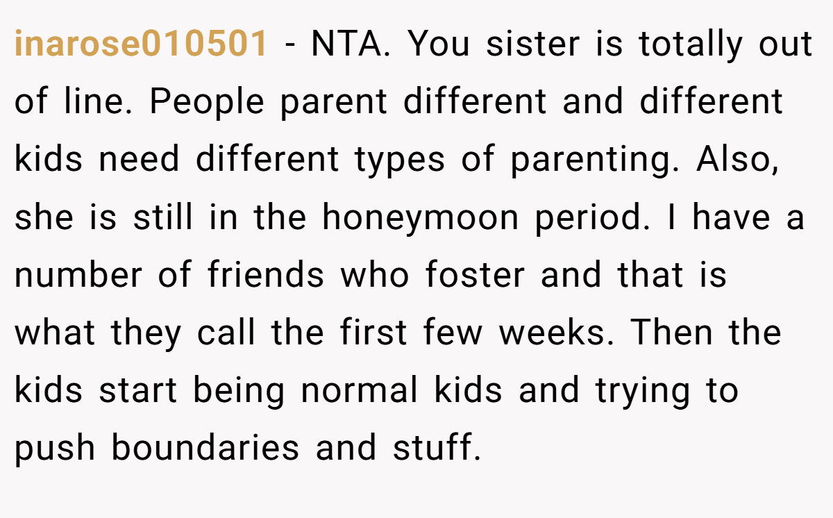 inarose010501 − NTA. You sister is totally out of line. People parent different and different kids need different types of parenting. Also, she is still in the honeymoon period. I have a number of friends who foster and that is what they call the first few weeks. Then the kids start being normal kids and trying to push boundaries and stuff.
