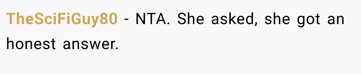 TheSciFiGuy80 − NTA. She asked, she got an honest answer.