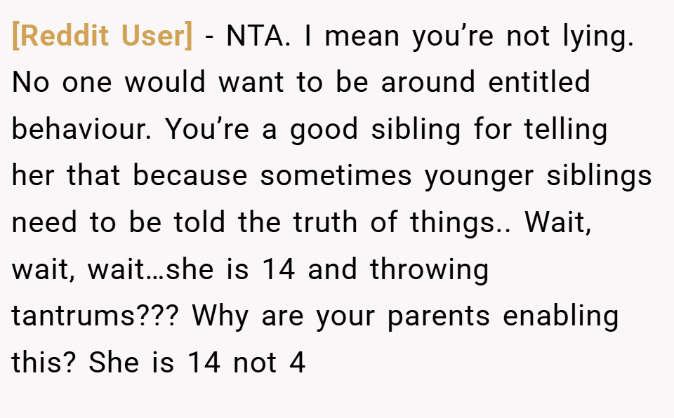 [Reddit User] − NTA. I mean you’re not lying. No one would want to be around entitled behaviour. You’re a good sibling for telling her that because sometimes younger siblings need to be told the truth of things.. Wait, wait, wait…she is 14 and throwing tantrums??? Why are your parents enabling this? She is 14 not 4