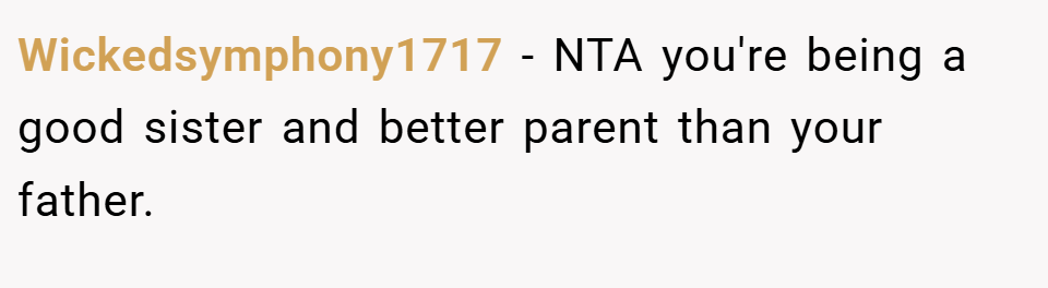 Wickedsymphony1717 − NTA you're being a good sister and better parent than your father.