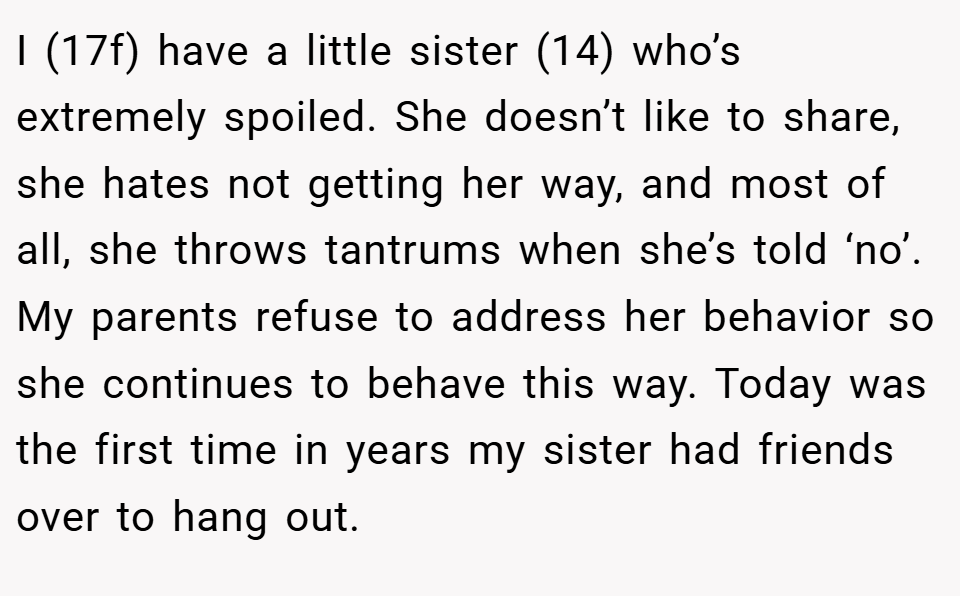 I (17f) have a little sister (14) who’s extremely spoiled. She doesn’t like to share, she hates not getting her way, and most of all, she throws tantrums when she’s told ‘no’. My parents refuse to address her behavior so she continues to behave this way. Today was the first time in years my sister had friends over to hang out.
