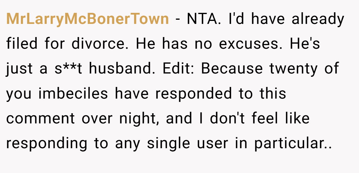 MrLarryMcBonerTown − NTA. I'd have already filed for divorce. He has no excuses. He's just a s**t husband. Edit: Because twenty of you imbeciles have responded to this comment over night, and I don't feel like responding to any single user in particular..