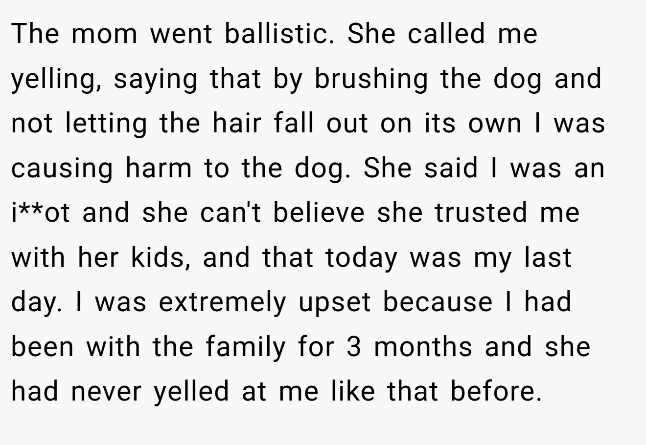The mom went ballistic. She called me yelling, saying that by brushing the dog and not letting the hair fall out on its own I was causing harm to the dog. She said I was an i**ot and she can't believe she trusted me with her kids, and that today was my last day. I was extremely upset because I had been with the family for 3 months and she had never yelled at me like that before.