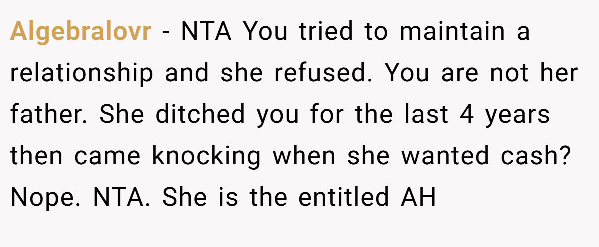Algebralovr − NTA You tried to maintain a relationship and she refused. You are not her father. She ditched you for the last 4 years then came knocking when she wanted cash? Nope. NTA. She is the entitled AH