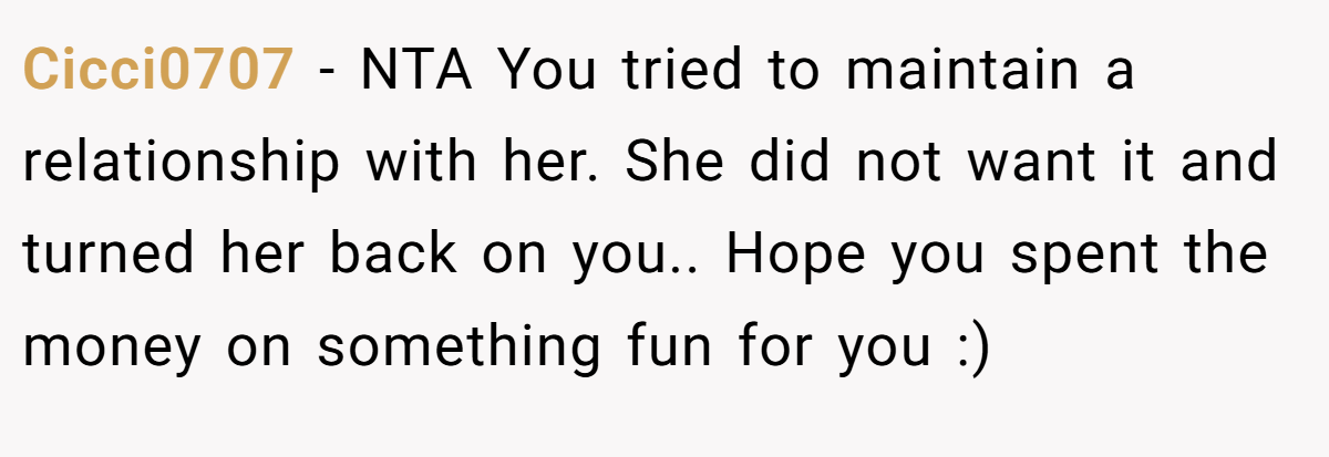 Cicci0707 − NTA You tried to maintain a relationship with her. She did not want it and turned her back on you.. Hope you spent the money on something fun for you :)