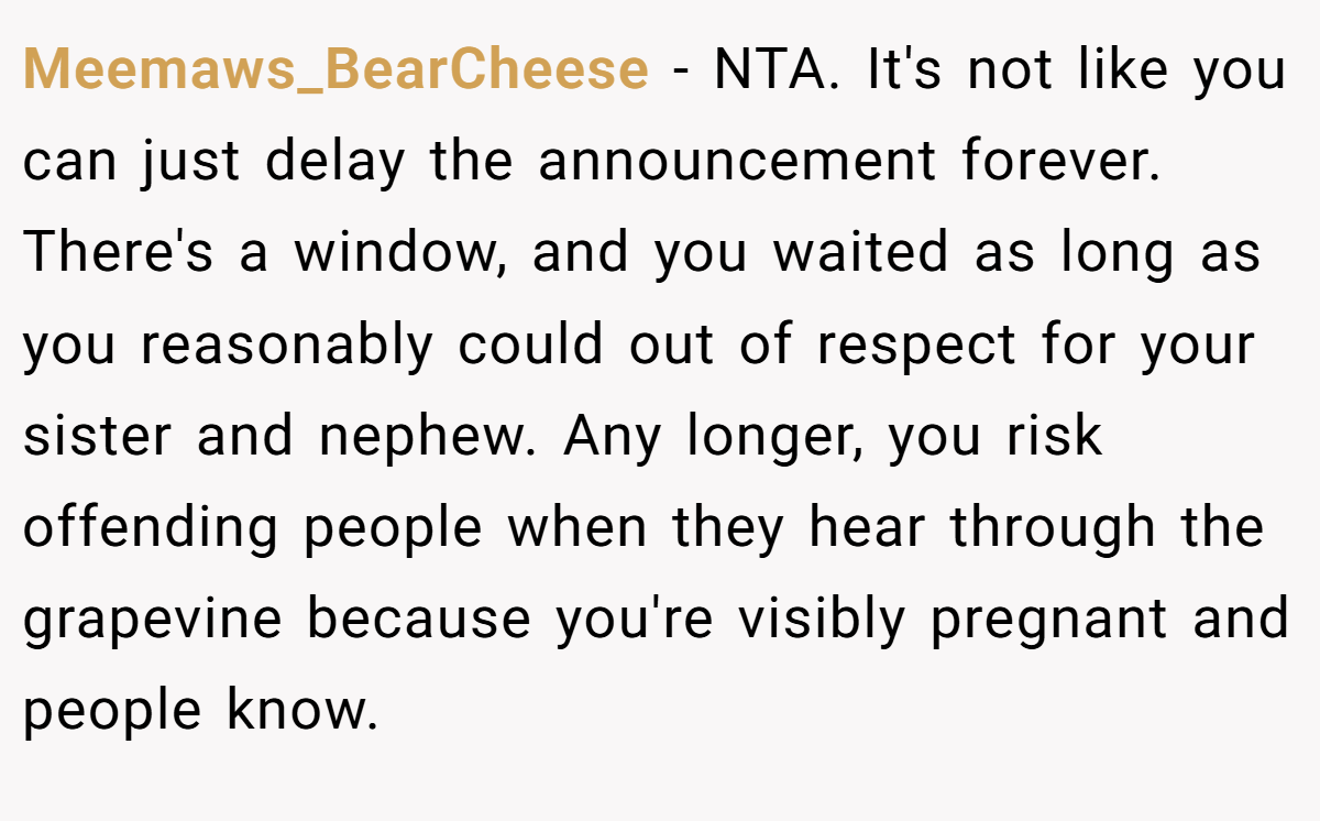 Meemaws_BearCheese − NTA. It's not like you can just delay the announcement forever. There's a window, and you waited as long as you reasonably could out of respect for your sister and nephew. Any longer, you risk offending people when they hear through the grapevine because you're visibly pregnant and people know.