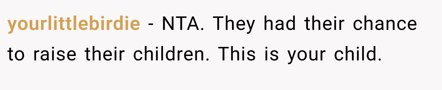 yourlittlebirdie − NTA. They had their chance to raise their children. This is your child.