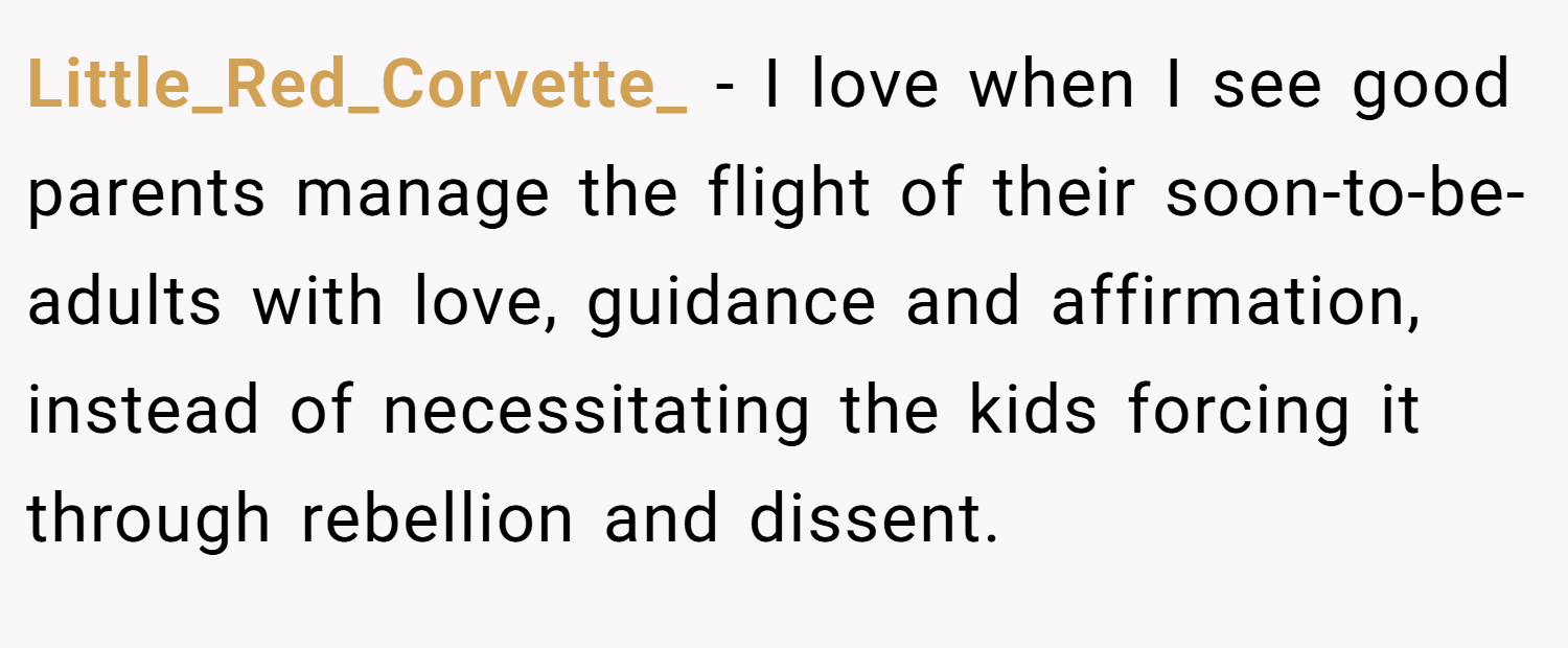 Little_Red_Corvette_ − I love when I see good parents manage the flight of their soon-to-be-adults with love, guidance and affirmation, instead of necessitating the kids forcing it through rebellion and dissent.